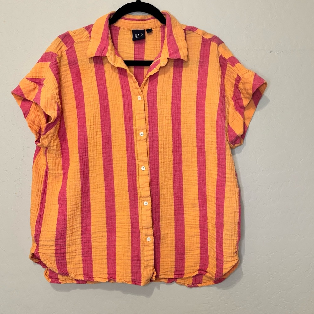GAP Orange and Pink Striped Crinkle Gauze Shirt